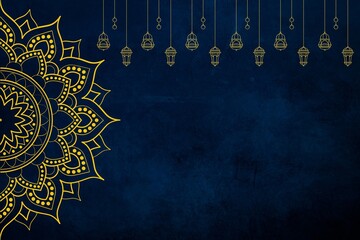 Abstract dark blue luxury background with gold patterns. elegant gold design. vintage background. Islamic celebration concept.