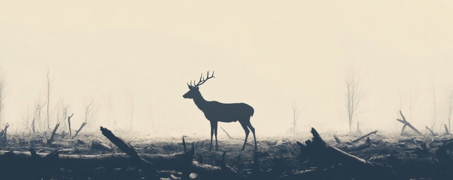 A silhouetted deer stands among fallen trees in a foggy landscape