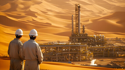 Two Workers in White Hardhats Overlooking Oil Refinery in Sandy Desert Landscape Under Clear Sky Industrial Energy and Extraction Site