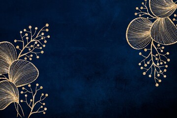 Abstract dark blue luxury background with gold patterns. elegant gold flower design. vintage background.