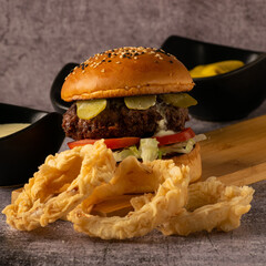 Brioche Burger with Onion Rings