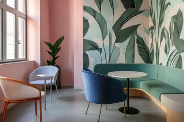 Modern office waiting area with pastel pink walls, teal curved seating, and tropical leaf mural.