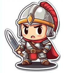A cute cartoon illustration of a young male warrior, ready for battle.  He's wearing shining silver armor and a red cape.