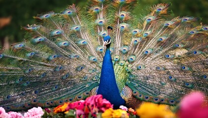 Obraz premium a vibrant peacock displays its colorful feathers among beautiful flowers