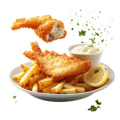 A Savory Crispy Fish and Chips Platter with Tartar Sauce Isolated on Transparent Background