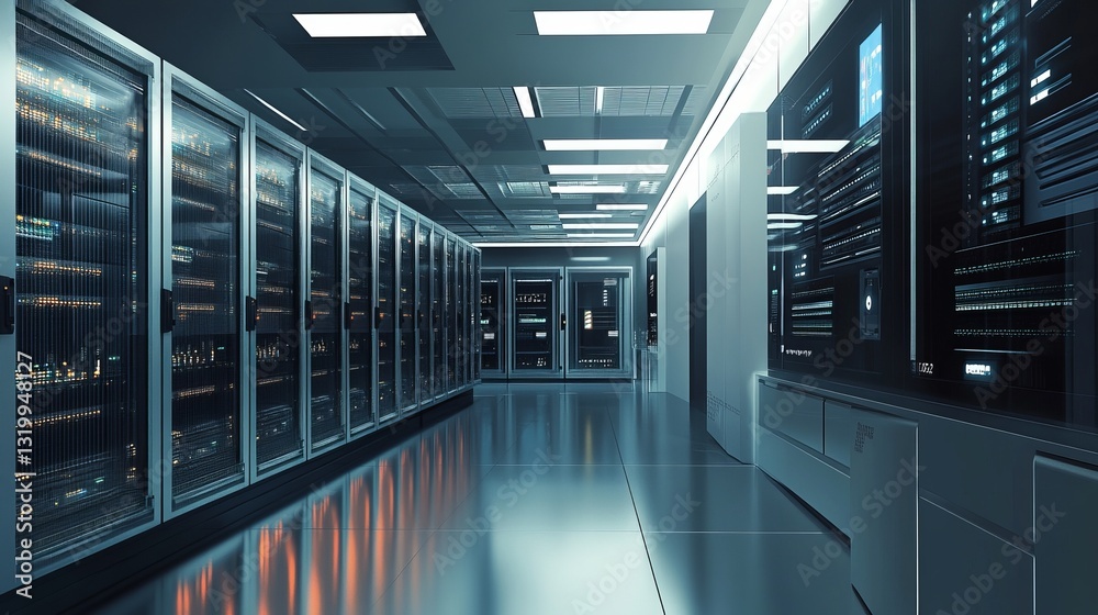 Poster digital information flows through network and data servers behind panels in a server room of a data 