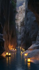 A serene canyon illuminated by floating lanterns, reflecting tranquility in nature.