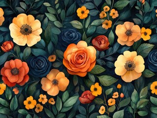 Fototapeta premium Watercolor floral seamless pattern; orange, yellow, and blue flowers on dark green leaves. Perfect for textile prints, wallpapers, or romantic designs.