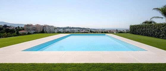 Obraz premium Inviting Turquoise Rectangular Swimming Pool With Lush Green Lawn And Cityscape View On A Sunny Day