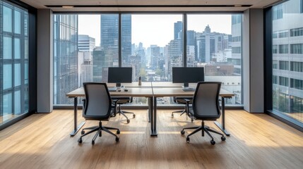 Modern office with city view, two desks, four chairs.