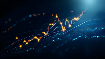 Glowing Orange Stock Market Chart With Upward Trend On Blue Digital Grid Background With Bokeh Effect Financial Growth Concept