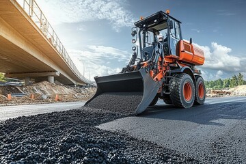 Heavy machinery operating on a construction site for road paving, showcasing an asphalt laying process under a bright blue sky with a bridge in the background.