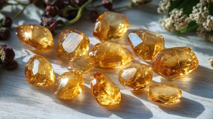 Gleaming Citrine Gemstones Displaying Rich Golden Hue with Botanical Accents on a Textured Surface