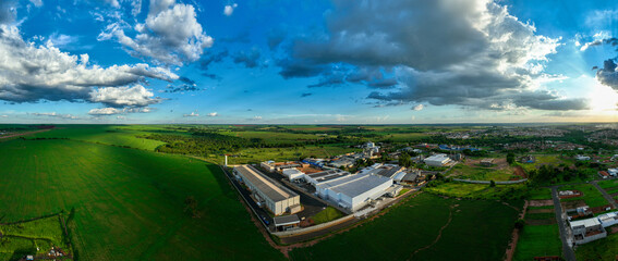 aerial panoramic view of industrial neighborhood in Bariri, Sao Paulo, Brazil
