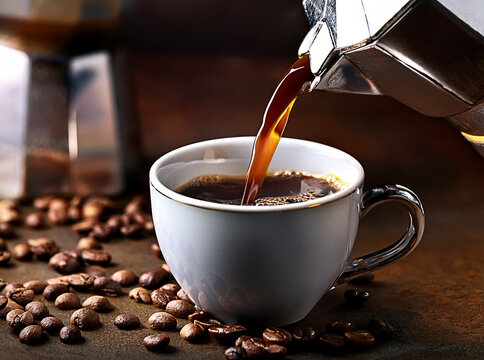 Taza de caf&eacute; caliente con cafetera italiana y granos de caf&eacute;