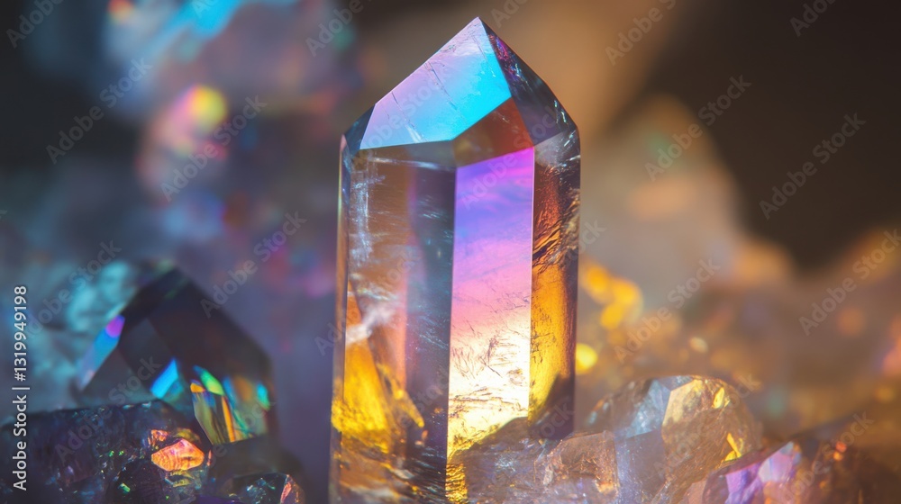 Wall mural iridescent light refracts through a clear crystal formation with sharp angles, showcasing colorful d