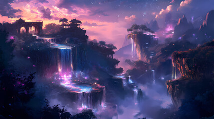 Fototapeta premium magical glowing waterfalls cascade