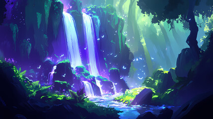 Obraz premium A shimmering cascade of waterfalls in a vibrant, luminous forest, where ethereal light beams illuminate the lush greenery and cascading water. Luminous Cascade. Illustration