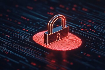 Creative graphic design featuring a padlock on a digital fingerprint background