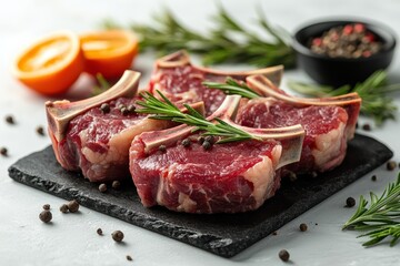 Fototapeta premium Fresh raw lamb chops with herbs and spices ready for cooking and grilling preparation