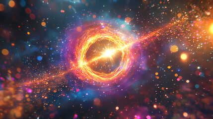 Obraz premium Celestial glow a luminous ring of vibrant energy encircles a radiant star, surrounded by a cascade of sparkling particles. Luminous Cascade. Illustration