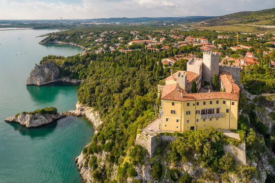 Old Castle of Duino on the high cliff over Mediterranean sea Trieste bay, Italy.