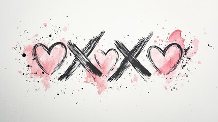 Elegant XOXO hugs and kisses brush lettering with flowing script and light ink splatters around the text, clean white background