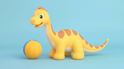 A cute, playful baby dinosaur enjoys rolling a bright ball in this charming 3D cartoon illustration. Perfect for kids themes