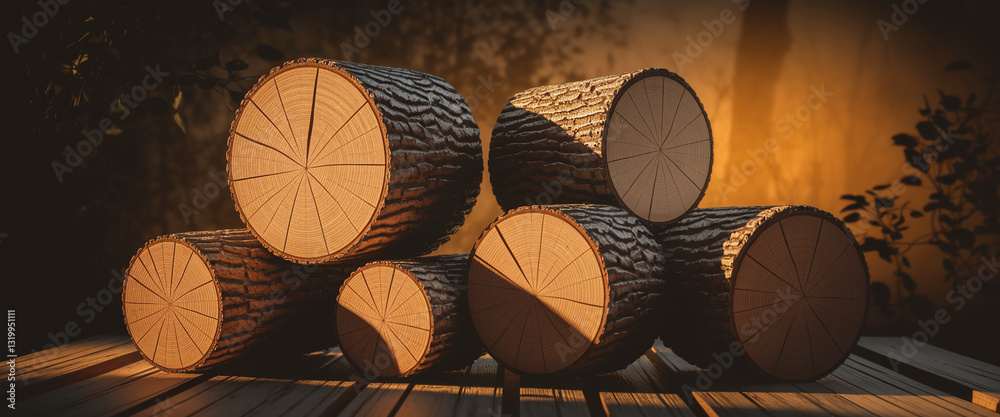 Aufkleber stacked wooden logs, showcasing smooth, concentric rings and rough bark texture, creating a rustic, 