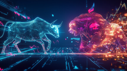A cybernetic, holographic bull charging against a roaring bear, both constructed from neon digital wireframes, floating stock market graphs and candlestick charts surrounding them.