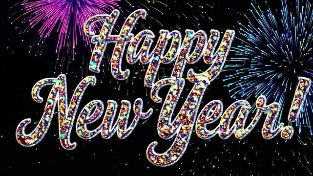 AI-generated animated shimmering Happy New Year sign with a colorful fireworks display exploding in the background