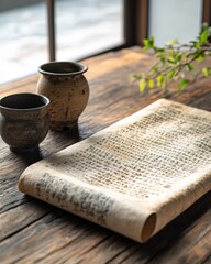 A rolled-up ancient scroll with delicate calligraphy placed on a wooden table, bathed in warm natural light, symbolizing history, wisdom, and tradition
