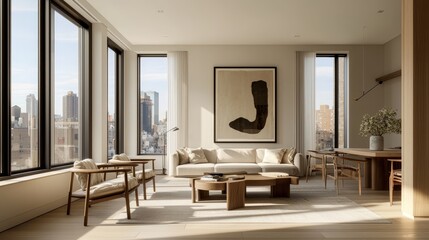 Japandi minimalist living room with neutral palette, large windows, wooden furniture, clean lines, soft textures, and framed abstract wall art