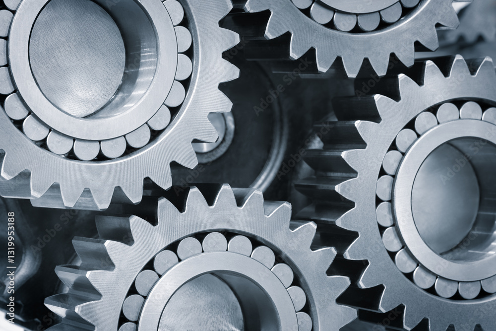 Poster A close up of three gears with a lot of detail. The gears are all different sizes and are all connected to each other. Concept of complexity and precision, as the gears are all intricately designed