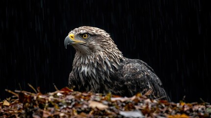 Fototapeta premium A majestic eagle stands among fallen autumn leaves its feathers glistening with raindrops while its sharp gaze captures the surrounding beauty and tranquility