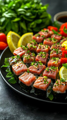 Delicious Tuna Sushi Rolls On Dark Plate