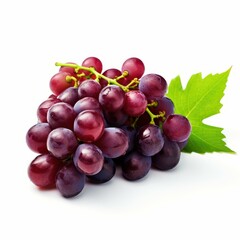 Fototapeta premium A vibrant bunch of ripe grapes showcases lush, plump berries and fresh green stems, set against a clean white backdrop.
