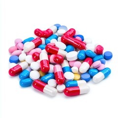 Vibrant assortment of pills on a clean white backdrop, perfect for health and wellness themes.