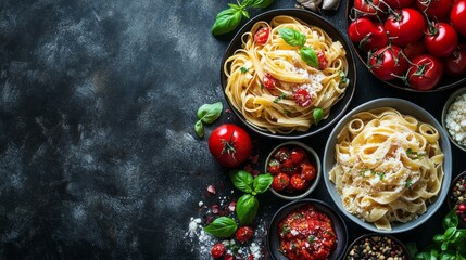 Vibrant plates of pasta are artistically arranged, topped with fresh tomatoes and herbs, set against a dark backdrop. The scene captures the essence of Italian culinary art