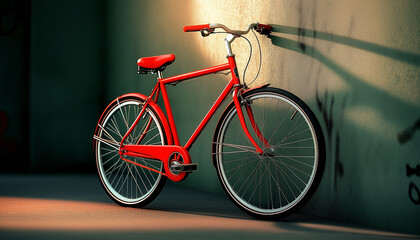 Rotes Fahrrad lehnt an wandnahem Hintergrund in sonniger Umgebung

