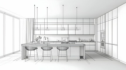 Modern White Kitchen Design With Island And Bar Stools In A Spacious Open Plan Layout Featuring Clean Lines And Minimalist Aesthetics