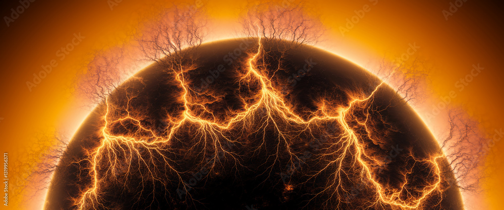 Poster orange sphere with glowing, branching lightning patterns, set against a dark orange background. repr