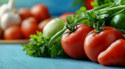 A bunch of tomatoes and green herbs on a table