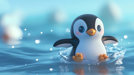Obraz premium Playful cartoon penguin splashing in serene water, surrounded by soft-focus aquatic background