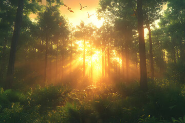 Fototapeta premium Golden Sunlight Through Autumn Forest