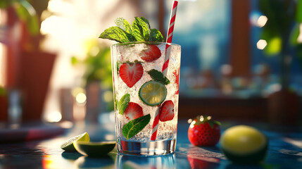 Strawberry mojito with ice and lime in glass. Cold summer cocktail.