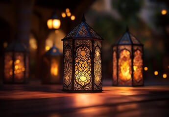 Intricately Designed Lanterns Casting Warm Light in a Serene Outdoor Setting

