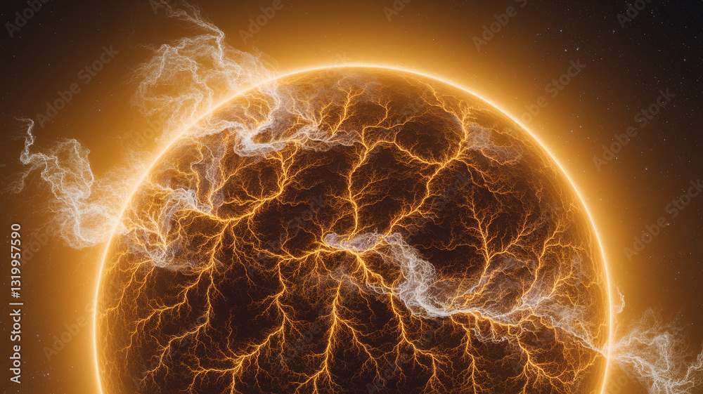 Poster golden sphere with bright energy lines, resembling a celestial body or plasma, creating a powerful a