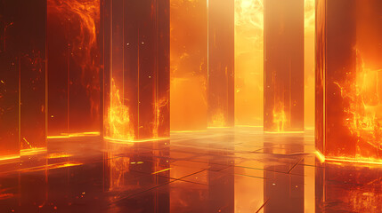 Stunning visual of a fiery landscape with glowing walls casting reflections on a wet floor. Fiery Brilliance. Illustration