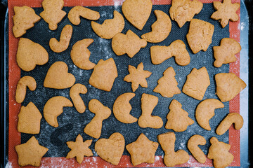 Fototapeta premium Freshly baked Christmas cookies lie on a baking sheet. Top view